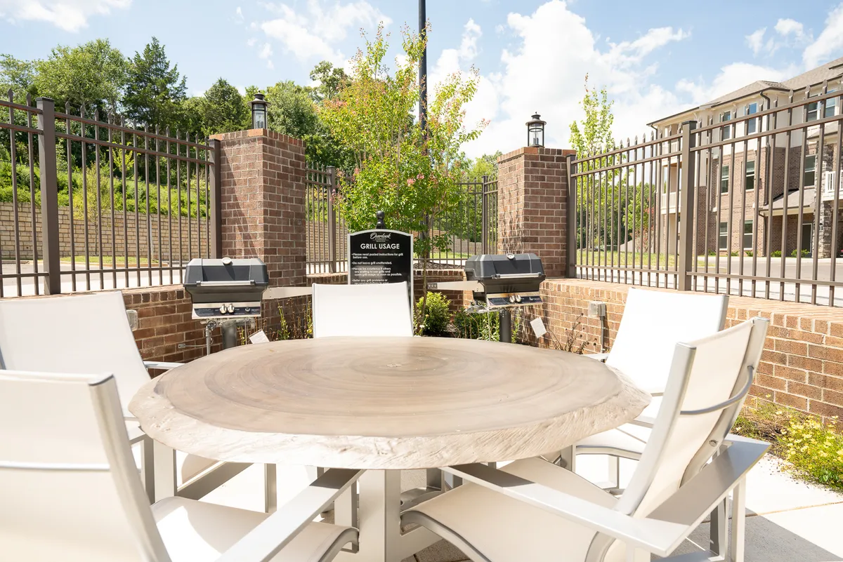 An exterior communal area with a wooden table, grill stations, and surrounding greenery enclosed by a fence. The space is set up for barbecuing, outdoor dining, and social gatherings, reflecting a cheerful and communal mood.